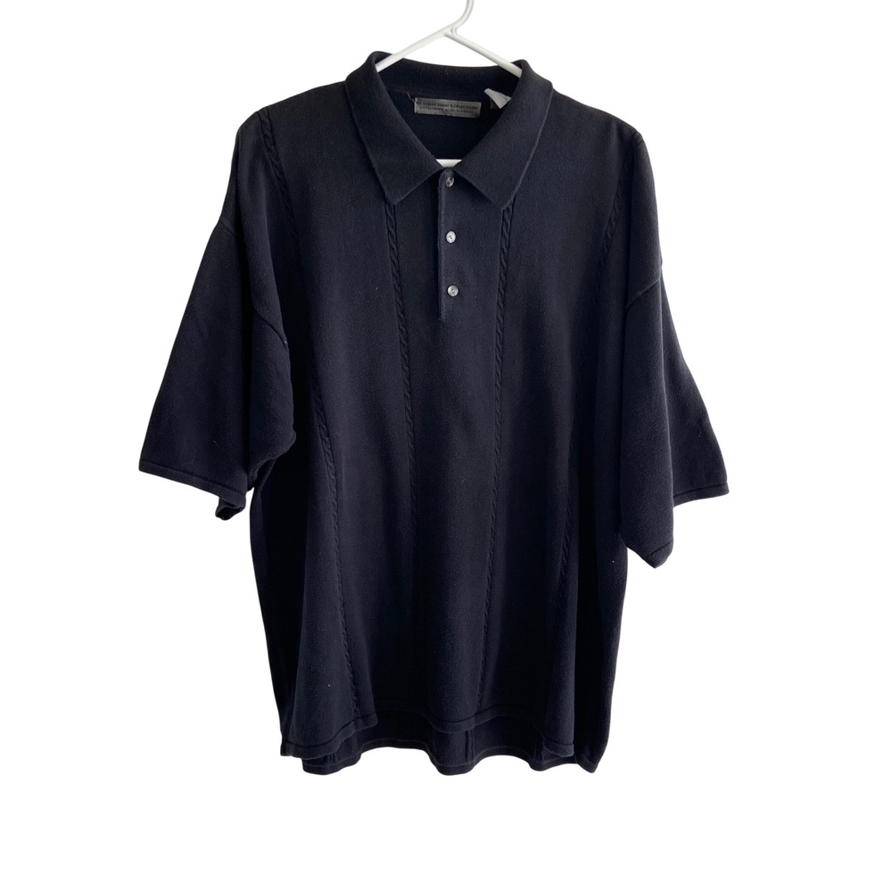 Le Collezioni Structure Mens XL Black Cotton Knit Cable Polo Shirt Vintage Bowl